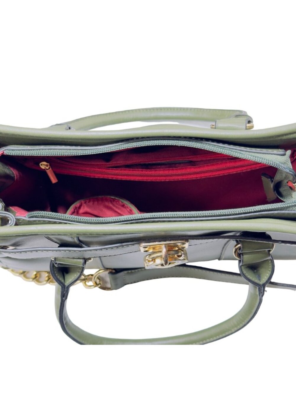 Dasein Vegan Leather Green Satchel Handbag With Gold Chain Strap Red Lining & Mu - Picture 8 of 13